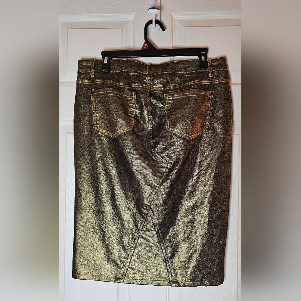 Bisou Bisou Gold Metallic Denim Pencil Skirt Y2K - Size 12 - Picture 2 of 4